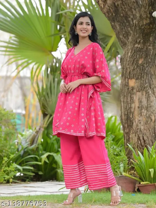 Rayon printed net kurti and palazzo set with short sleeves, attractive trendy style for women, single size available (e.g., XS: Bust 34in, Kurta 35in, Palazzos Hip 36in)