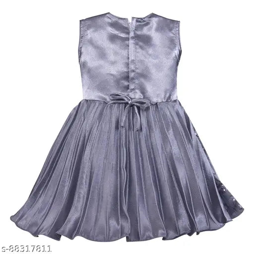Grey net frock dress for little princesses, silver kraft material, embellished design