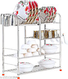 Stainless steel wall-mounted kitchen utensils rack with four shelves, containing multiple plates and cutlery
