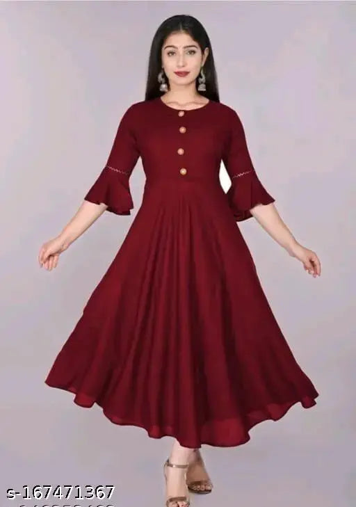 Maroon, long, flowing kameez with ruffled hem