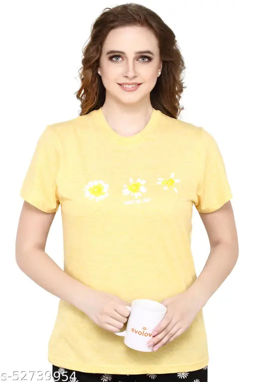 Yellow and black cotton print women's shorts set with buttercup round neck flower design, soft waist elastic and drawstring