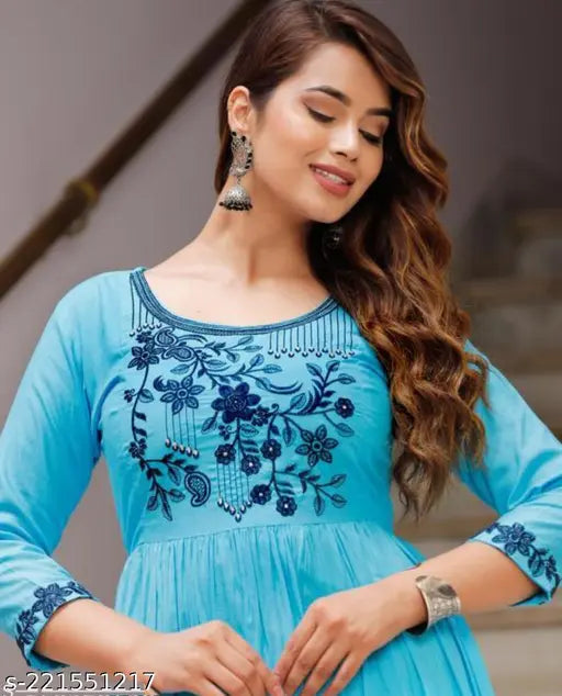 Mint rayon three-quarter sleeve blouse with embroidery, S-5XL sizes available