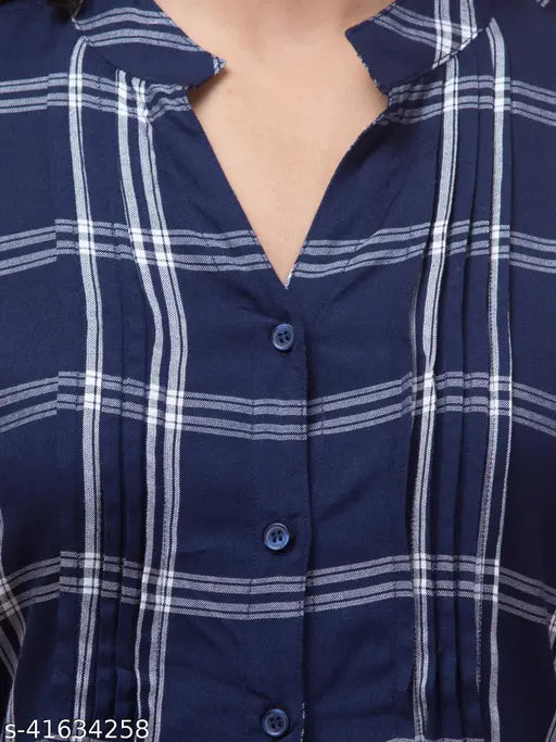 Blue checkered rayon tunic, 3/4 sleeves, v-neck, mandarin collar, button front, XS-XXL, ideal for casual wear with white jeans. Made in India