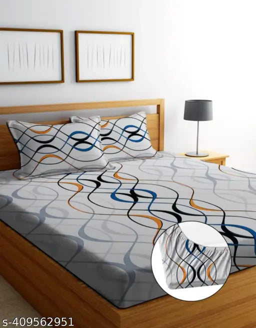 White cotton, superfine abstract patterned Afelix double size bedsheet & 2 pillow covers, fits up to 6 inches mattress, ideal for adults in summer