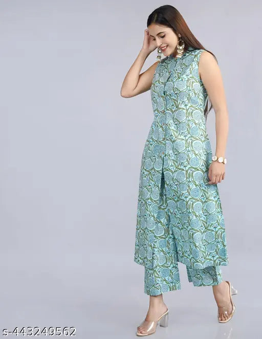Cotton green kurta with printed palazzo, sleeveless Indian outfit for women