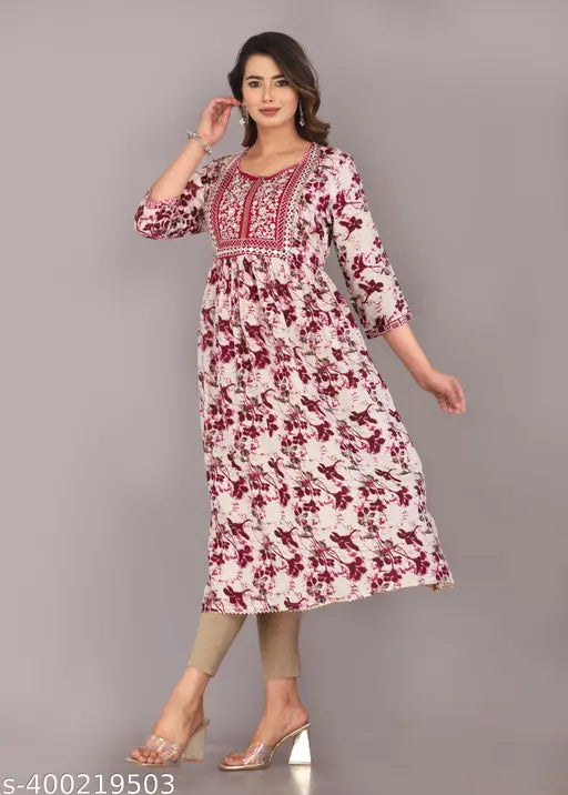 Purple rayon three-quarter sleeve blouse, printed combo, Indian apparel on mannequin (S: bust 36in, XL: bust 42in)