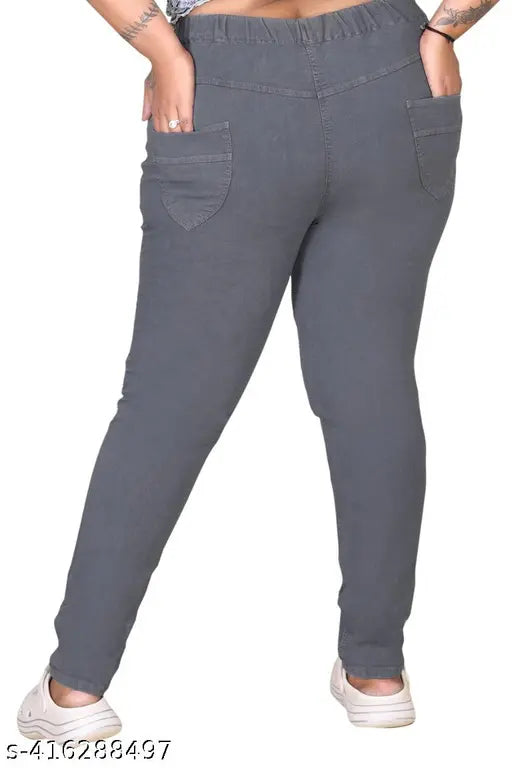 Premium quality grey denim jeggings for plus size, ideal for comfortable wear with a length of 40 inches in sizes 4XL, 5XL, 6XL, 7XL, 8XL. Made in India