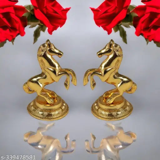 Metal gold horse figurines, 2 decorative Feng Shui/Vastu showpieces - 12cm (Indian origin)