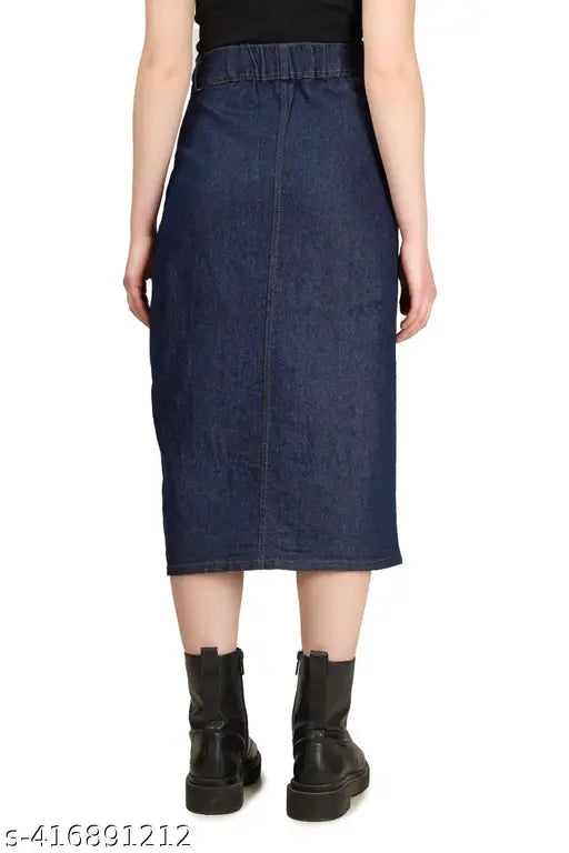 Blue denim long split skirt for women & girls, button detail on waist, solid pattern