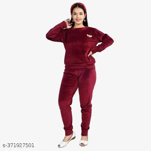 Pink woolen twin set: Two piece girls' winter wear with long-sleeved pink sweatshirt and corduroy bottom, size 8-9 Years to 13-14 Years. Made in India