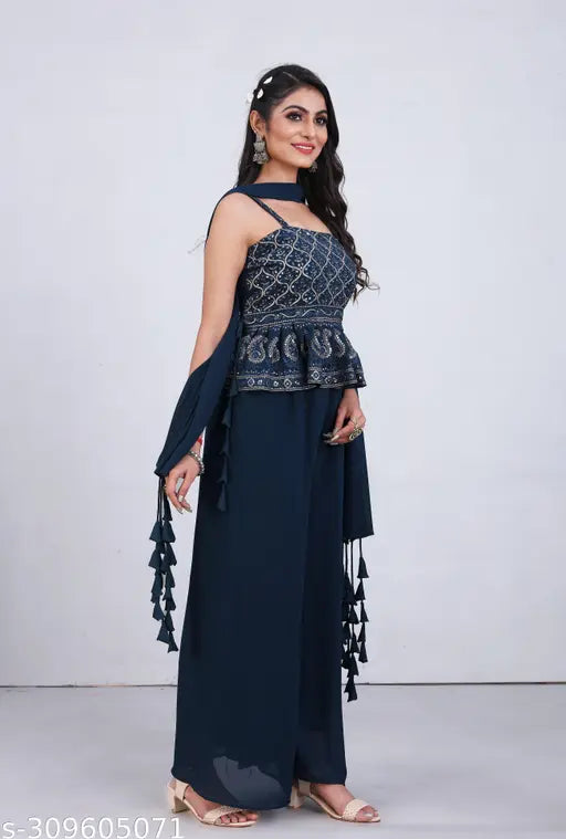 Embroidered crop top with peplum skirt, lace detailing, long skirt, blue color