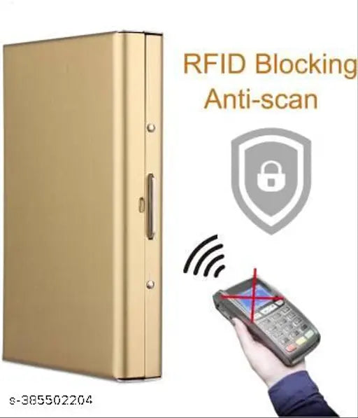 Gold metal RFID blocking 8-card holder, protects against unauthorized scanning