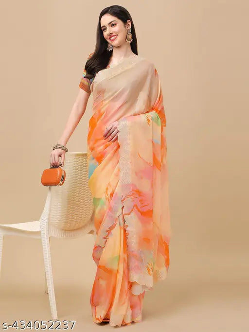 Printed Georgette and Art Silk saree with intricate stone work, perfect for special occasions