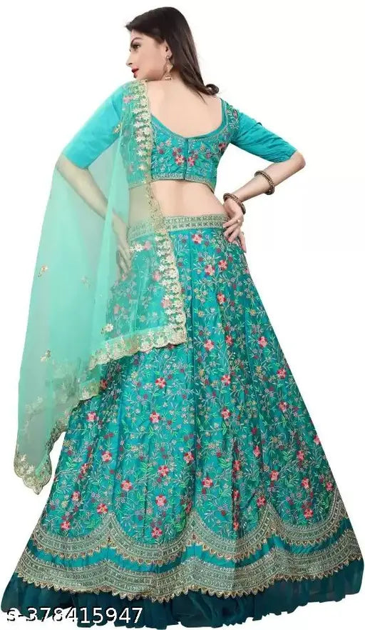 Trending silk lehenga choli and net dupatta for women, embroidered with intricate Indian designs, semi-stitched (Lehenga: waist 44m, length 42m; Dupatta: length 2.2m)