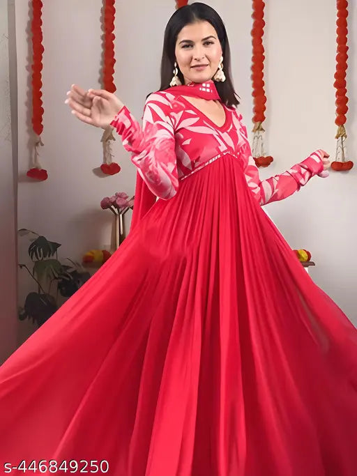 Elegant red Georgette Anarkali kurta with floral print, featuring full sleeves and high neckline. Pair with Georgette dupatta for festive Indian traditional wear." (107 characters)