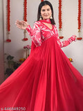 Elegant red Georgette Anarkali kurta with floral print, featuring full sleeves and high neckline. Pair with Georgette dupatta for festive Indian traditional wear." (107 characters)