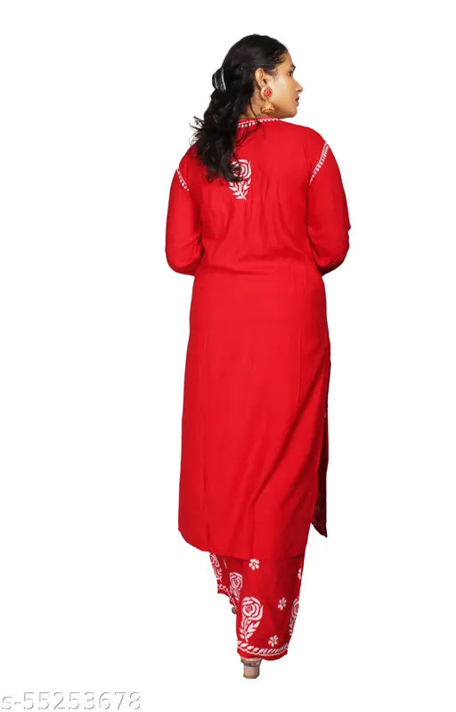 Rayon Rose Modal Kurti Set, embroidered net Palazzos, Indian fashion wardrobe essential