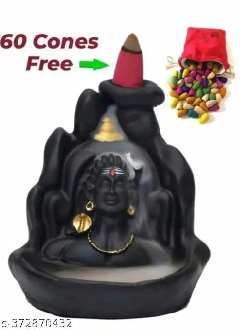 Black poly resin Shiv Smoke Statue with 60 backflow scented cone incenses, ideal for spiritual and religious decor