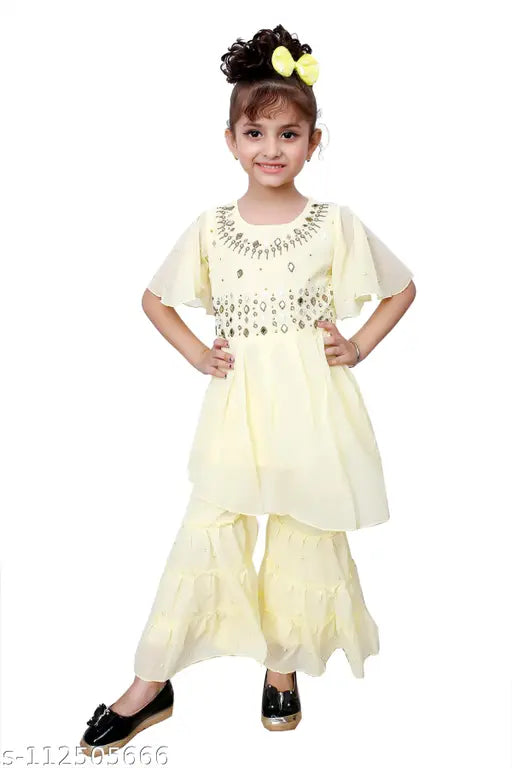 Lemon embroidery Georgette kurta and sharara suit for girls, Indian festive wear, size 3-4 years