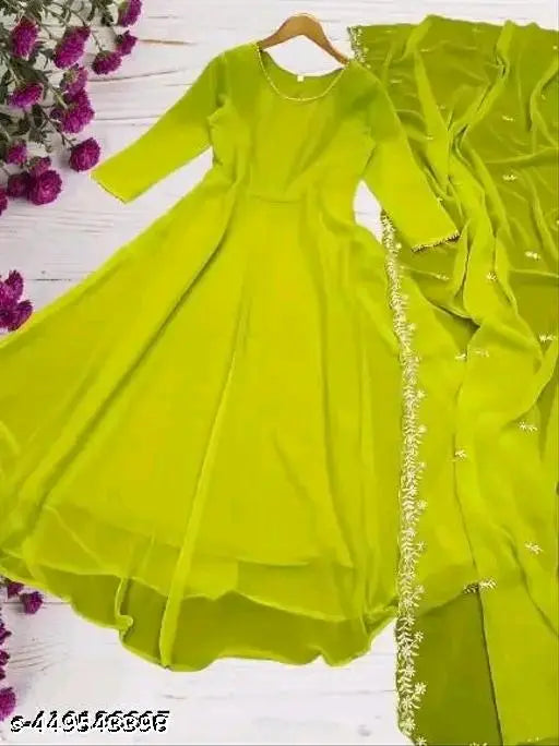 Classic Georgette short-sleeved women's gown set, solid color fashion on model with XS, S, M, L, XL, XXL sizes available