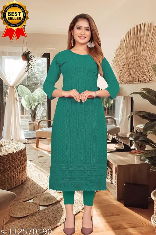 Indian Chikan Kari Georgette Kurti, solid color, three-quarter sleeves. Machine or hand washable for festive events and ceremonies." (107 characters)