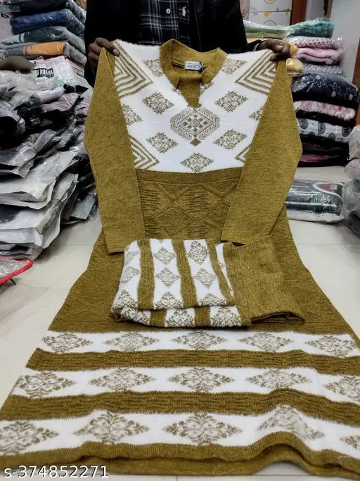 Woolen Alisha Sensational Women's Kurta Set with matching bottomwear, featuring printed net pattern. Three-quarter sleeves and single size XL, handcrafted in India