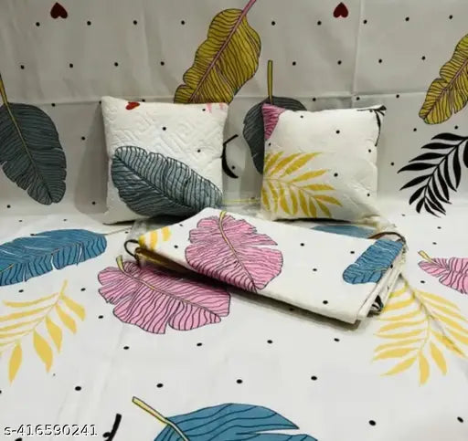 Multicolor 5pc bedsheet set (1King size, 2 embroidered pillow covers, 2 cushion covers), high-quality cotton flat sheets with botanical print, ideal for summer use by adults, made in India