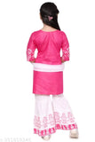 Exquisite rayon Kurti Palazzo & Dupatta Set in printed pattern, perfect for festive occasions. Indian handcrafted with intricate embroidery and available in sizes from 1-2 Years to 10-11 Years