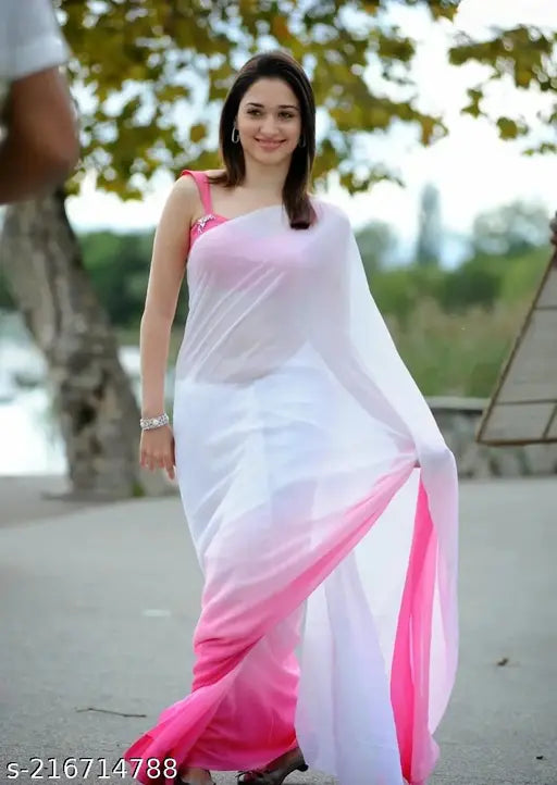 Pink and white saree with border embellishments