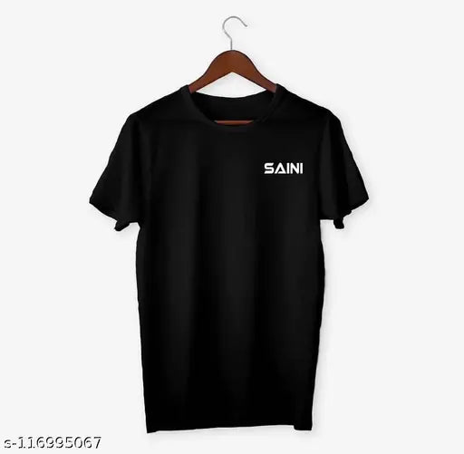 Polyester Saini Men's Round Neck Black T-Shirt, printed net design, short sleeves. Black t-shirt on hanger