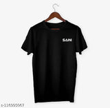 Polyester Saini Men's Round Neck Black T-Shirt, printed net design, short sleeves. Black t-shirt on hanger