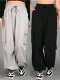 Grey and black pants, wide legs, elastic waistband