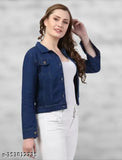 Blue denim jacket, women's & girls full sleeves, solid design for casual wear and night outs. Lightweight, versatile, perfect fit for wardrobe styling in India