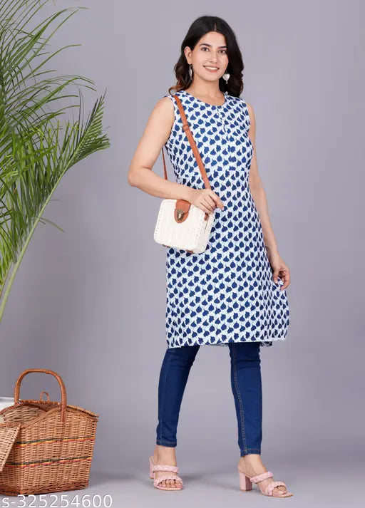 Stylish printed rayon kurta in sleeveless design, vibrant multicolor pattern for women's casual or office wear. Made in India