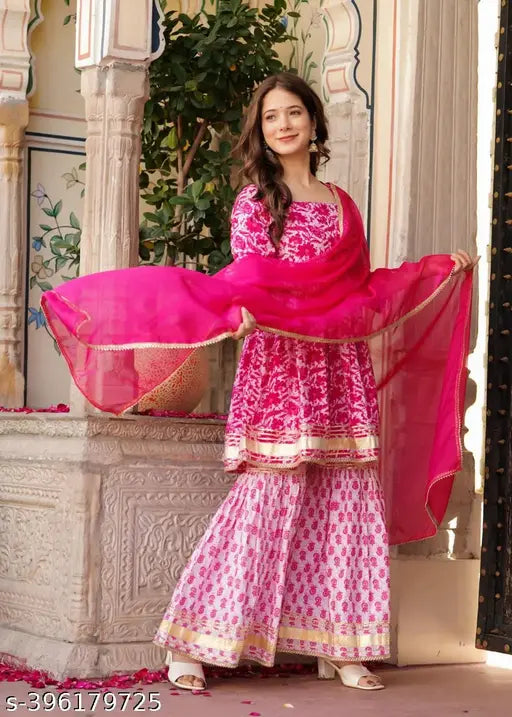 Pink and white embroidered dupatta, long kurta and sharara set
