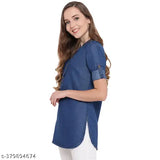 Dark blue denim tunic, three-quarter sleeves, trendy women's fashion from Ayrin, solid pattern