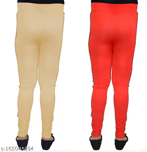 Beige and red chain bottom jeggings, polyester solid, 2-pack combo for women, sizes 28 and 30