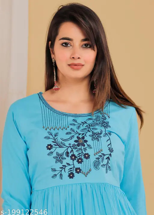 Light rayon embroidered Anarkali kurti with three-quarter sleeves, features intricate Indian designs, size S (36in bust, 46in length)
