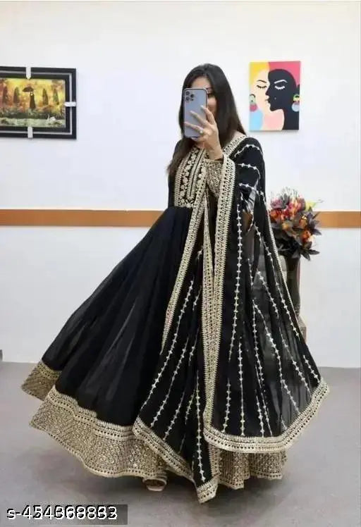 Georgette Anarkali gown set with long sleeves, ready-to-wear Indian bridal fashion in solid color