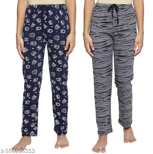 A pair of patterned women's cotton pajama bottoms in various prints