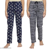 A pair of patterned women's cotton pajama bottoms in various prints