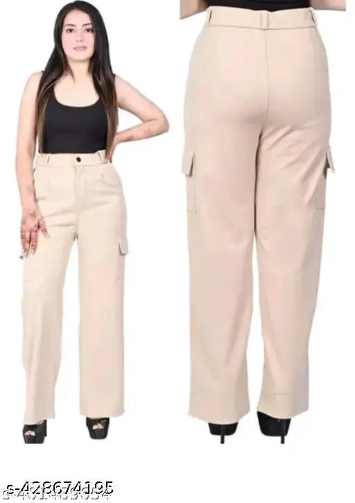 Solid cotton-blend mid-waist cargo trousers for women's regular use and casual wear, comfortable and lightweight fabric, four pockets, India origin
