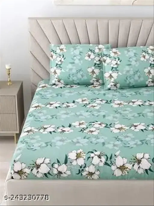 Green cotton fitted bedsheet with 2 king size pillow covers, superfine elastic for a double king-size bed, floral print