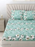 Green cotton fitted bedsheet with 2 king size pillow covers, superfine elastic for a double king-size bed, floral print
