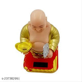 Gold-plated polyresin Laughing Buddha decor showpiece, 13cm tall with moving head and fan, symbolizing health, wealth, prosperity