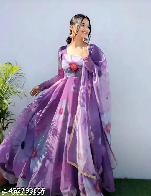 Georgette floral printed partywear gown with dupatta, vibrant Indian ethnic wear for women