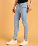Men's slim fit sky blue jeans with a subtle wash and tapered leg