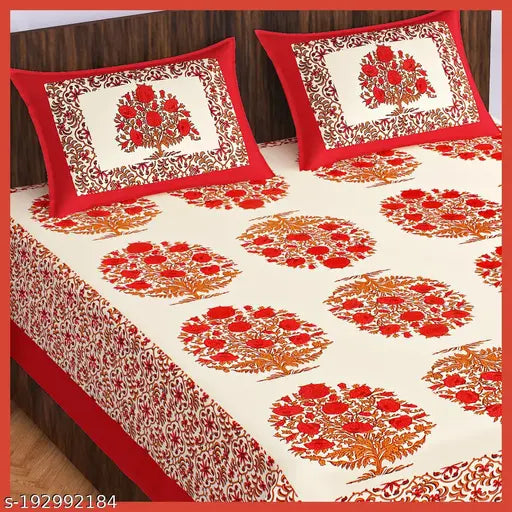 Red cotton double bed sheet with floral print design.