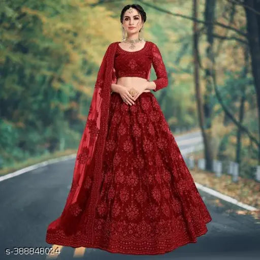 Embroidered net semi-stitched lehenga choli and dupatta set, traditional Indian women's wear featuring intricate embroidery