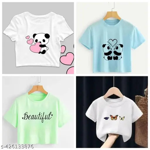 Classic feminine cotton blend short-sleeve T-shirts for women, printed design on four pieces (S, M, L, XL), Indian origin